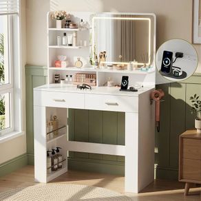 Dressing Table with LED Mirror, Vanity Desk with 3 Lighting Colours Mirror and Power Strip, Makeup Table Storage Set for Bedroom with 2 Drawers, 9 Open Shelves and Hair Dryer Holder, White