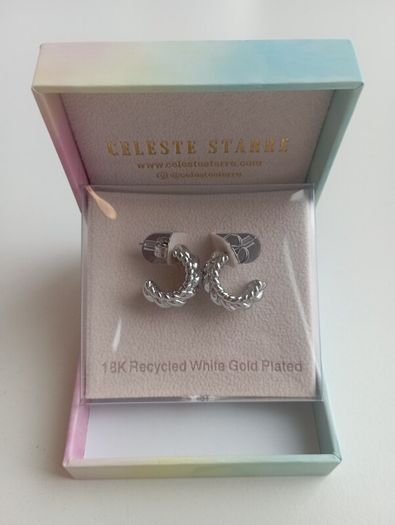 18K Recycled White Gold-Plated Riviera Radiance Braided Texture Women's Hoop Earrings Celeste Starre