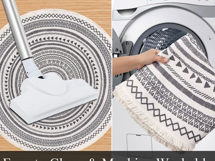 Round Rug Bohemian 4FT/120cm Circle Area Rug Cotton Rug Washable Round Rug Geometric Pattern Printed Hand Woven Carpet with Tassels Floor Mat for Kitchen Living Room Laundry Playroom (FREE POSTAGE)
