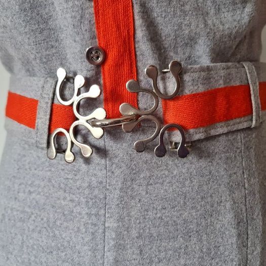 Vintage 1960s rare Colin Glascoe wool mod dress grey pillarbox red silver belt buckle / 1970s British designer Made in England S small