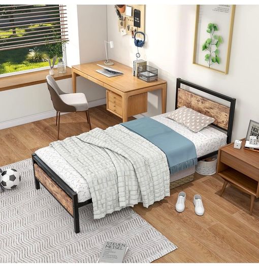 3ft Single Bed Frame with Wooden Headboard, Brown Heavy Duty Steel Support, No Box Spring Needed, Noise Free,Easy Assembly