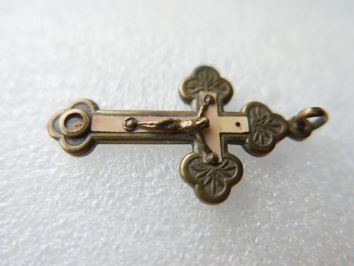 Antique Crucifix Reliquary Pendant Brass and Mother of Pearl Crucifix Pendant