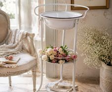 Vintage French Washstand with Enamel Bowl Romantic Shabby Chic Bathroom Stand