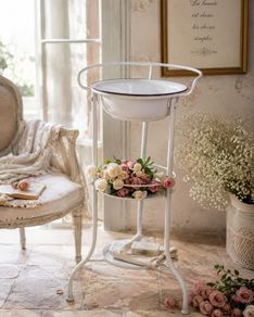 Vintage French Washstand with Enamel Bowl Romantic Shabby Chic Bathroom Stand