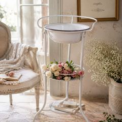 Vintage French Washstand with Enamel Bowl Romantic Shabby Chic Bathroom Stand