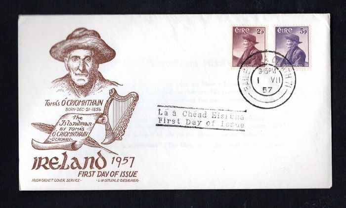 1957 Ireland Centenary of the Birth of Thomas O Criomhtain (Author) Commemorative Stamps Illustrated First Day Covery (FDC) with Baile Atha Cliath (Dublin) cancel