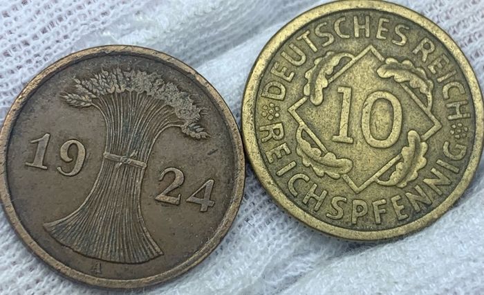 Germany 1924 A 2 rentenpfennig; 1935 D 10 reichspfennig