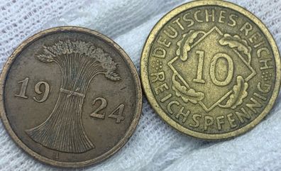 Germany 1924 A 2 rentenpfennig; 1935 D 10 reichspfennig