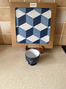 Denby Set 6 blue Geometric Placemats & Blue Baroque  Sugar Bowl
