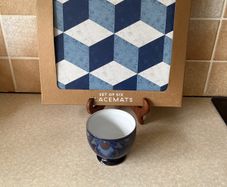Denby Set 6 blue Geometric Placemats & Blue Baroque  Sugar Bowl