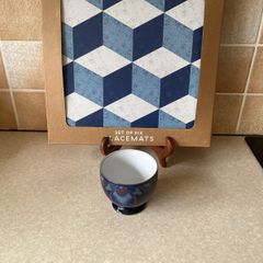 Denby Set 6 blue Geometric Placemats & Blue Baroque  Sugar Bowl