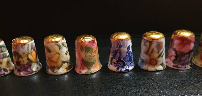 Collection of Bone China Flower Gold Top Thimbles