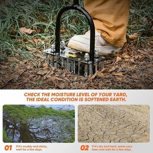 Lawn Aerator Tool, Lawn Aerator with 15 Iron Spikes, Automatic Leaf and Dirt Cleaning with Spring-Loaded Design, Metal Manual Aerator for Loosening Soil Aerating Patio, Yard, Garden