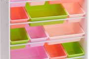 Kids Toy Storage Organizer with 12 Plastic Bins  White Wood with Pink Bins
