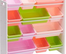 Kids Toy Storage Organizer with 12 Plastic Bins  White Wood with Pink Bins