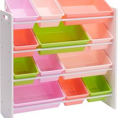 Kids Toy Storage Organizer with 12 Plastic Bins  White Wood with Pink Bins