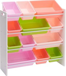 Kids Toy Storage Organizer with 12 Plastic Bins  White Wood with Pink Bins