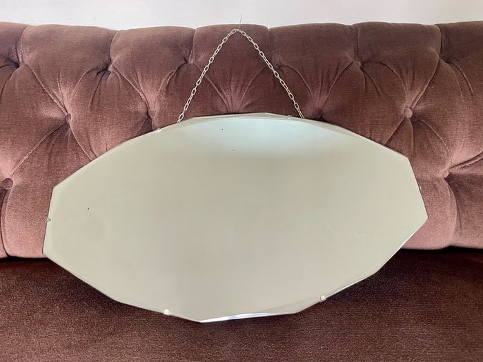 Petite Oval Bevelled Early 20th Century Frameless Mirror with Original Chain