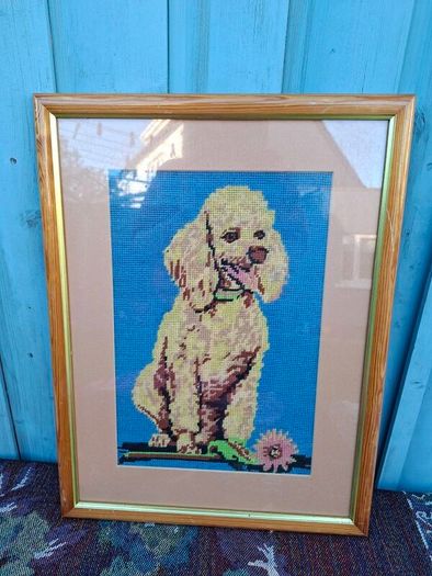Vintage Kitsch Poodle framed Needlework