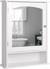 Bathroom Medicine Cabinet Wall Mounted Mirror Cabinet with Single Doors and Adjustable Shelf, Accent Home Furniture Wooden Storage Cabinets Organizer, White