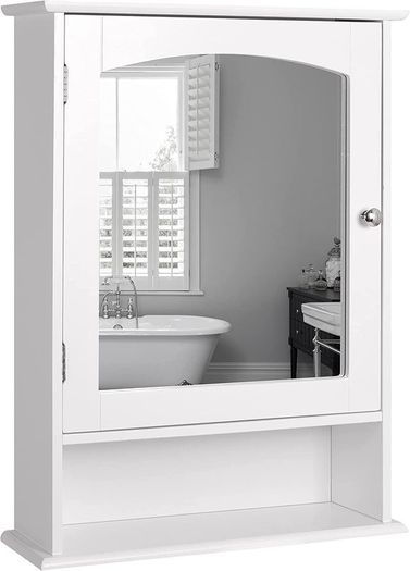 Bathroom Medicine Cabinet Wall Mounted Mirror Cabinet with Single Doors and Adjustable Shelf, Accent Home Furniture Wooden Storage Cabinets Organizer, White