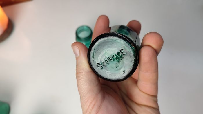235 - Beautiful Set of 3 1950s Vintage Turquoise Glass Bottom Embossed Letters Science Medicine Pills Chemicals Collectible Decorative Jars