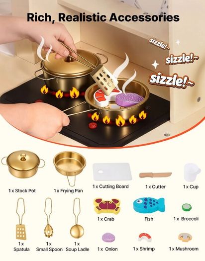 Wooden Kids Play Kitchen with Lights and Sounds Cream