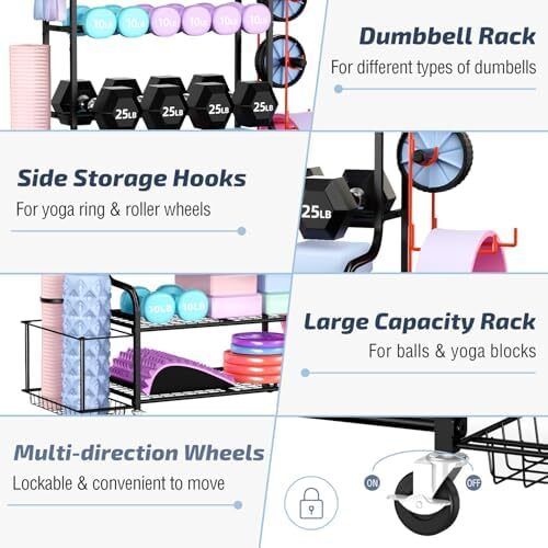 Home Gym Storage Rack for Dumbbells Kettlebells Foam Roller, Yoga Strap and Resistance Bands, Workout Equipment Storage Organizer With Hooks and Wheels