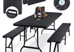 3 Piece Set, Table + 2 x Bench, for Indoor / Outdoor, Folding, Carry Handles, HxWxD: 73 x 180 x 75 cm, Plastic, Rattan-Look Garden Set, Folding Table, Garden Table, Black