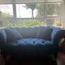 3 & 2 seater navy velvet chesterfield style couches with matching footstool with removable glass top Image 5