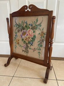 Antique Edwardian swivel fire screen with needle point tapestry