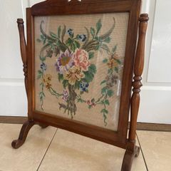 Antique Edwardian swivel fire screen with needle point tapestry