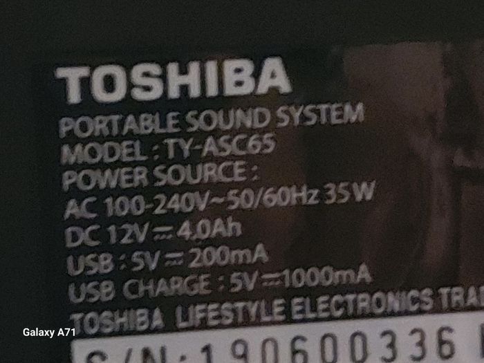 TOSHIBA Portable Sound System, Party Speaker, Bluetooth, Model TY-ASC65, everything working perfect