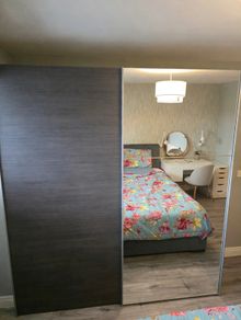 Large Sliding Wardrobe - Grey + Mirror - H220 x W204 x D65cm - With Lights & Drawers