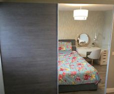 Large Sliding Wardrobe - Grey + Mirror - H220 x W204 x D65cm - With Lights & Drawers