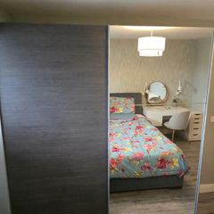 Large Sliding Wardrobe - Grey + Mirror - H220 x W204 x D65cm - With Lights & Drawers