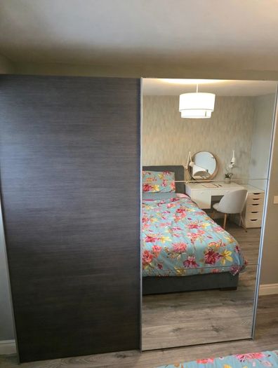 Large Sliding Wardrobe - Grey + Mirror - H220 x W204 x D65cm - With Lights & Drawers