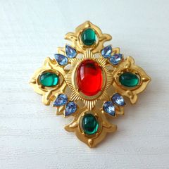 Vintage Style Emerald Red Stone Gold Brooch Pin