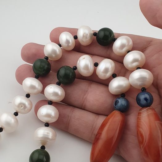 Authentic Freshwater Pearl Necklace with African Carnelian & Jade Beads