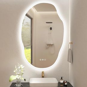 Irregular Bathroom Mirror with LED Lights 600x900mm, Bluetooth Led Bathroom Mirror, Anti-Fog, 3000K-6500K, Dimmable, Memory, HD Tempered Glass, IP44 Waterproof, Horizontal/Vertical