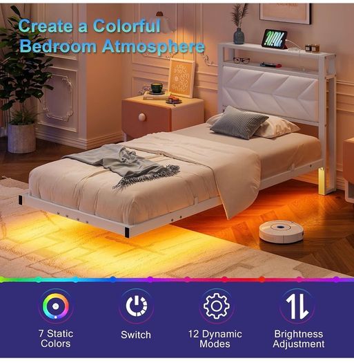 ingle Floating Upholstered Bed Frame with Storage Headboard, White Metal Bed Frame with LED Lights and Charging Station, Heavy Duty Metal Slat Support, Noise Free, No Box Spring Needed