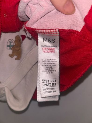 Adorable M&S Baby Christmas 2-piece set, 0-3 months. Teddy print long sleeve top + red corduroy pinafore.
