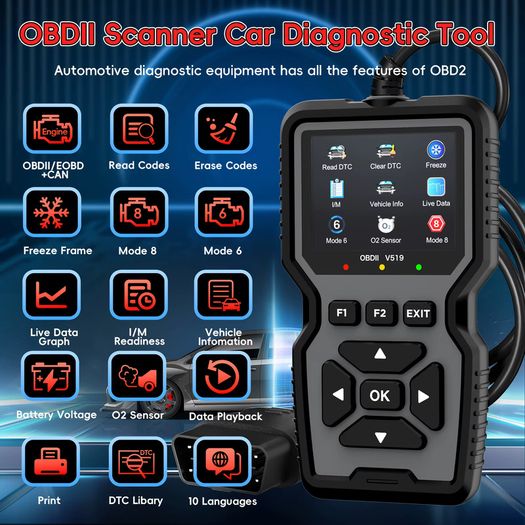 V519 Professional Obd2 Scanner - USB Powered Car Diagnostic Tool with Real-Time Data Stream, Full-Featured Obd Ii Testing (I/M Ready, Bod2/Eobd), Clears Check Engine Light, Reads/Erasing Codes from Most Vehicles, Car Maintenance, Ergonomic Design, Durable