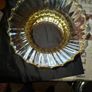 A Beautiful Amber Glass Oil Lamp Shade featuring a bulbous, ribbed body and a wide, ruffled, fluted rim, Postage Available Image 2