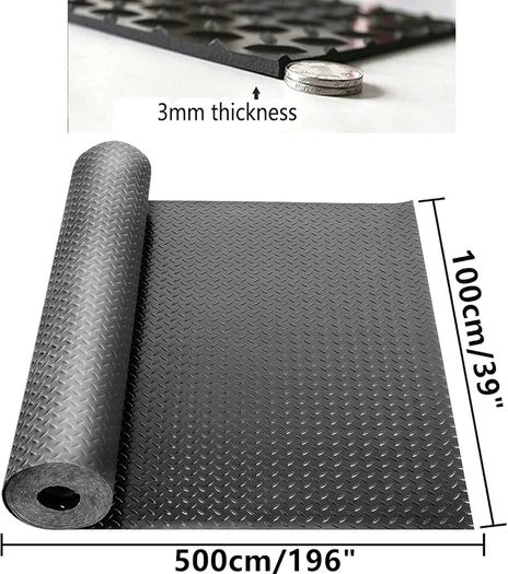 Rubber Garage Floor Mats 1M x 5M / 3.3Ft x 16.4Ft Anti-Slip Diamond Plate Mat 3mm Thick Heavy Duty Commercial Flooring Mat Roll for Under Car, Gym, Garage, Warehouse, Black
