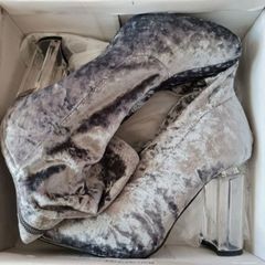 Grey crushed velvet sock boots