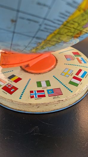 Vintage USSR Era World Globe Orange Meridian International Flag Base