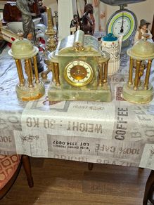 Antique Green Onyx French 3 Piece Clock Garniture, 19th Century, with White Enamel Dial, and Two Garnitures formed as Temples with Busts on a Plinth Base,