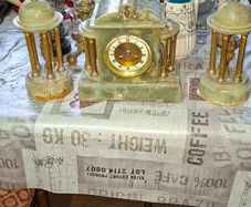Antique Green Onyx French 3 Piece Clock Garniture, 19th Century, with White Enamel Dial, and Two Garnitures formed as Temples with Busts on a Plinth Base,