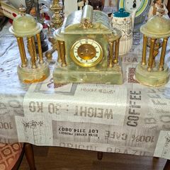 Antique Green Onyx French 3 Piece Clock Garniture, 19th Century, with White Enamel Dial, and Two Garnitures formed as Temples with Busts on a Plinth Base,